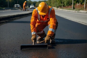 Road worker laying asphalt: Man in orange uniform.