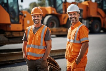 Smiling road worker in orange uniform: Professional smiling.