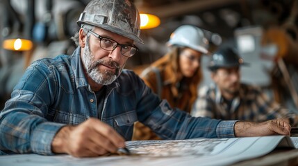 a man wearing a hard hat and glasses is sitting at a table looking at a blueprint - obrazy, fototapety, plakaty