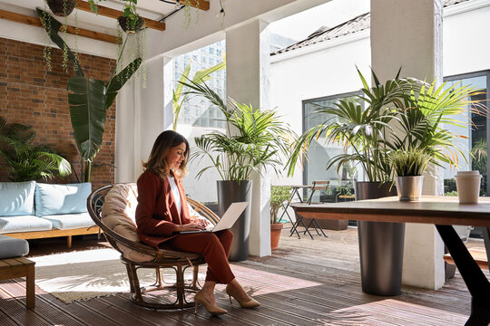 Middle aged business woman using laptop sitting in chair in sunny green office. Busy professional mature female entrepreneur or executive wearing suit holding computer on lap working. Candid photo.
