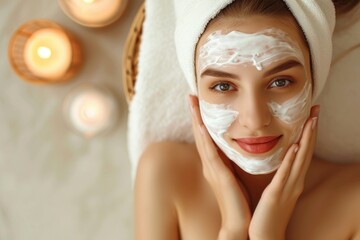 Young woman relaxing with a nourishing facial mask treatment surrounded by fresh flowers and a candle.