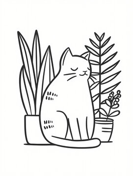 Coloriage Avec Un Chat Endormi Et Des Plantes D'intérieur