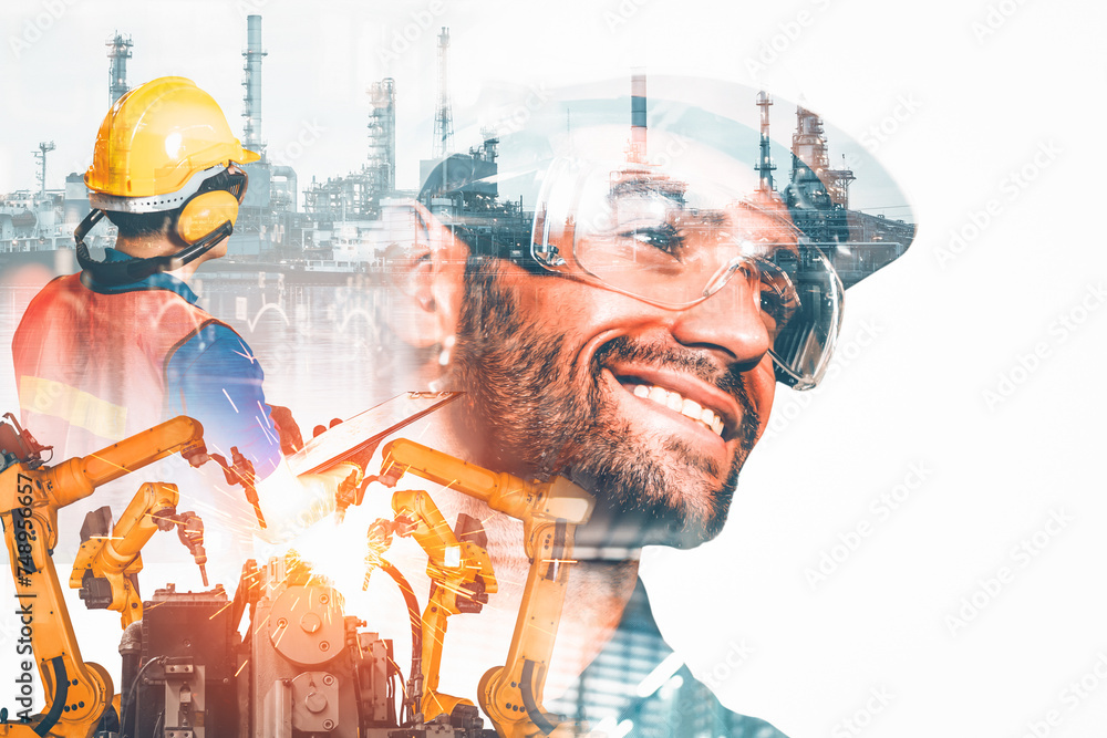 Poster xai mechanized industry robot arm and factory worker double exposure. concept of robotics technology