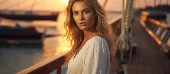 Fototapeta na wymiar A beautiful blonde young woman stands confidently on the deck of a boat, with the setting sun casting a warm glow on the sailboat in the background. She is wearing a white shirt and gazing out at the