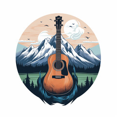 Ilustration of an acoustic guitar with Mountain in background