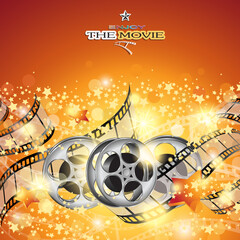 Vector illustration of an abstract cinema design with three film reels among wavy film strips and lots of little stars and glittering lights in front of orange background