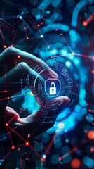 Close-up of a hand interacting with a futuristic cybersecurity interface with a padlock icon, concept cyber security technology, data protection
