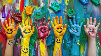 many colorful children's hands with smileys