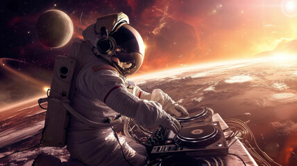 astronaut dj plays music on a beautiful magical planet - obrazy, fototapety, plakaty