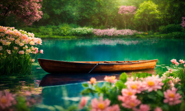 boat on the river with flowers. Selective focus.