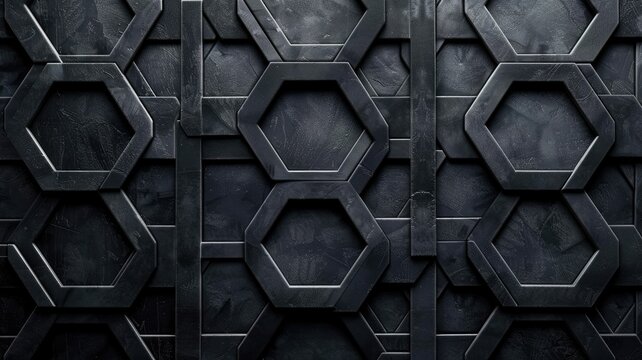 Textured hexagonal pattern on dark wall - An abstract image of a dark wall with a repetitive pattern of raised hexagons offering a sense of mystery and strength