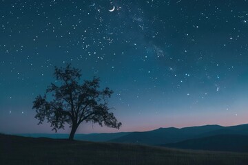 Fototapeta na wymiar Starry night sky with crescent moon above tree - A serene night sky with stars and a crescent moon gently illuminated above a solitary tree on a hill