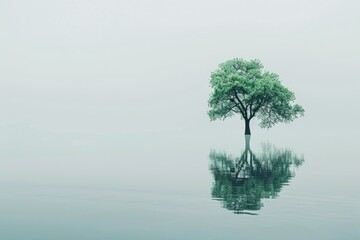 Solitary tree in misty waterscape - A lone tree stands in the center of a serene water body, reflected perfectly in the calm waters against a hazy backdrop