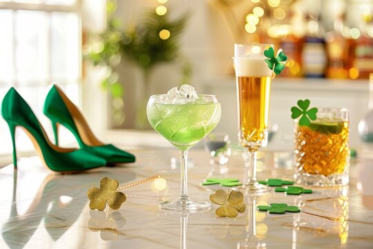 a perfectly lit photograph: three whiskey cocktails, one being green sitting on a light cream colored marble bar top. several four leaf clovers sit around the cocktails. saint patrick's day 
