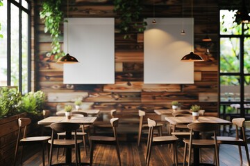 Wooden restaurant interior with blank wall