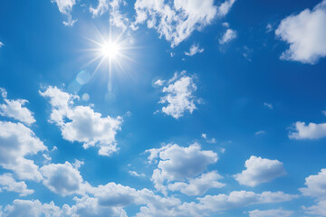 Scenic Bright blue sky with puffy clouds on a clear sunny day with sun in the sky