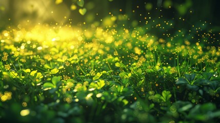 hiding Leprechaun hat sticking out amongst clovers, Saint Patrick's Day, rainbow, glittercore, Incandescent plasma, Beautiful, Ambience, Shimmering, Ray Tracing, fantasy mapping, fantastic realism - obrazy, fototapety, plakaty