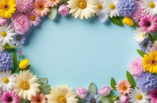 Pastel colors frame with free place for text made from lot of spring flowers. Greeting card for spring holidays. Template for Birthday, Women's Day, Mother's Day. Floral picture.