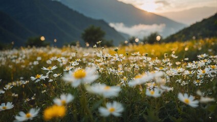 Wild flowers field in sunrise, landscape mountains