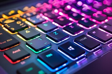 Working on a neon computer keyboard with colored backlighting. Computer video games, hacking, technology, internet concept. Selected focus.