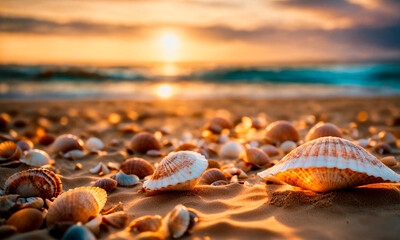 Fototapeta na wymiar shells on the beach against the backdrop of the sea. Selective focus.