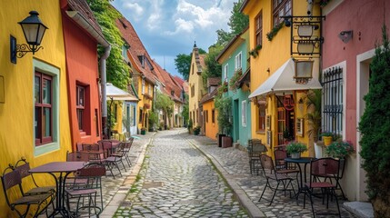 Quaint European street with colorful facades and cobblestones. A picturesque cobblestone street lined with colorful buildings and outdoor cafes in a quaint European town. Resplendent.