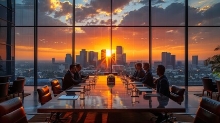 Fototapeta na wymiar Business meeting in conference room overlooking city skyline at sunset