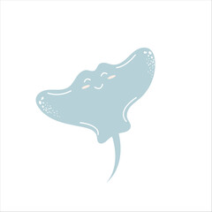 Cute blue cartoon vector stingray, children's illustration in flat style. For greeting card, poster and children's design.