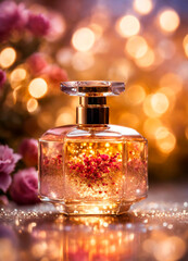Obraz na płótnie Canvas bottle of perfume with flowers on the table. Selective focus.