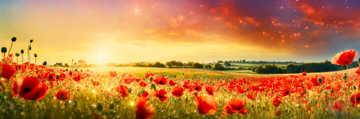 field with blooming poppies. Selective focus. - obrazy, fototapety, plakaty