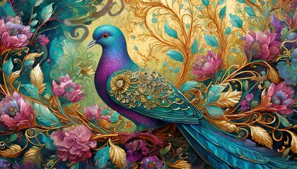 Rich dove bird in art floral background.