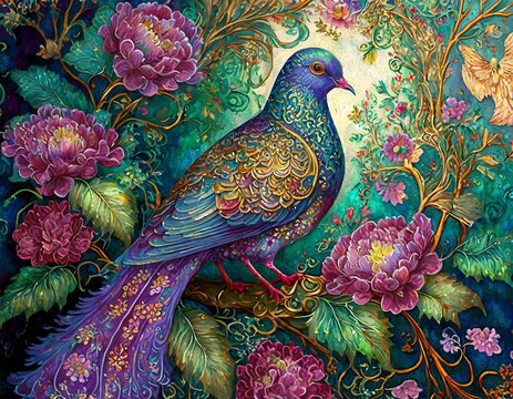 Queen pigeon bird portrait in rich floral garden. Art card