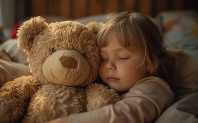 A young child asleep with a large teddy bear in a cozy room.