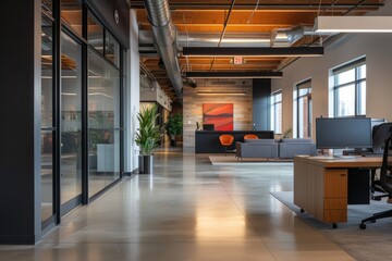 An industrial chic office space with exposed brick walls, large windows, and a mix of modern and vintage design elements, creating a warm and productive work environment.
