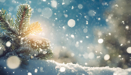 Snowy background with lights bokeh Christmas theme