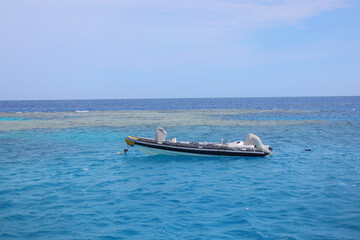 Obraz premium divers boat in the sea Diver fins. Active vacation at sea.