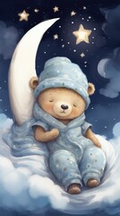 A bear in pajamas and a hat is sleeping on a crescent moon. The background is a starry night sky.