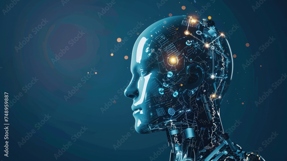 Aufkleber cybernetic head profile with digital brain - a conceptual profile view of a cybernetic head with dig