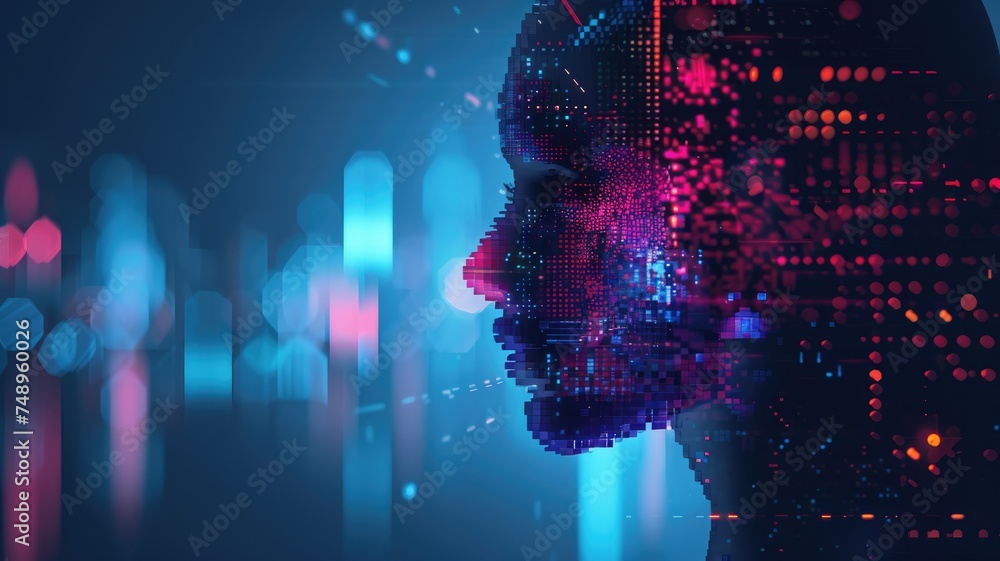 Poster digital human face profile with data points - a vibrant display of digital technology with a human f