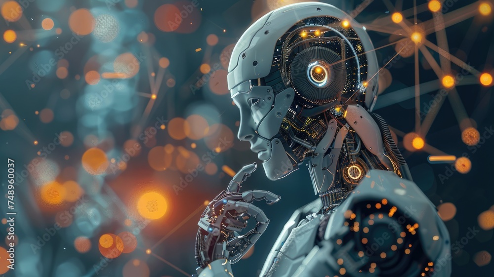 Aufkleber detailed close-up of a futuristic robot head - this image shows a sophisticated robot with a human-l
