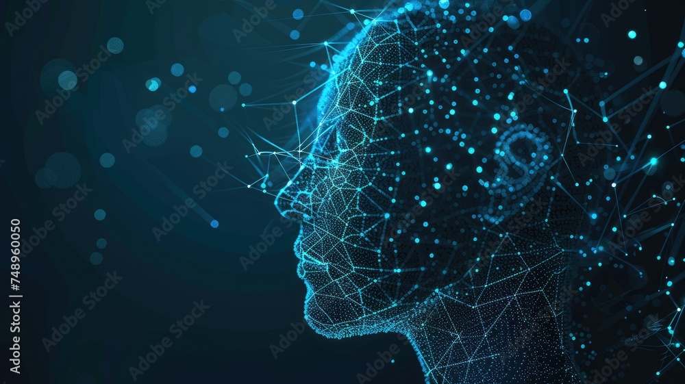 Poster digital face silhouette with network nodes - this digital illustration displays a human face silhoue