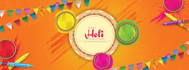 Happy holi festival party banner template design with holi powder color bowls on multicolor background