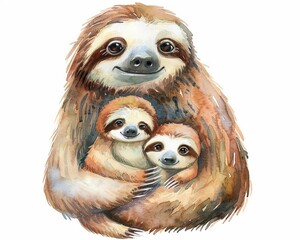 Sloth Mom with a Baby isolated on white background, cartoon illustration in watercolor style.