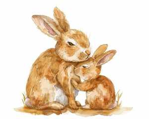 Watercolor style cartoon  illustration of a mother rabbit hugging and kissing her baby isolated on white background, concept of Mother's Day, Easter bunny greeting cards.
