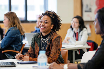 Candid capture of an engaged African American woman during a business training session, highlighting DEI in the workplace.

