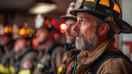 Fireman with helmet stands among other firefighters at event - obrazy, fototapety, plakaty