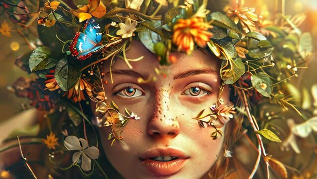 Spring goddess decorated with flowers, slow motion