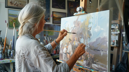 A 60 year old Caucasian woman in her studio focused on painting on a canvas