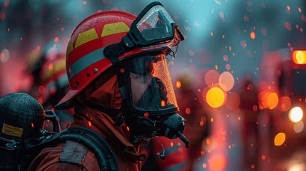 Fotobehang a fireman wearing a helmet and a gas mask is standing in front of a fire truck © yuchen