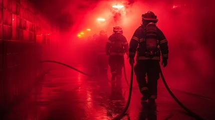 Foto op Plexiglas Two firefighters navigating through a dark room with red lights © yuchen